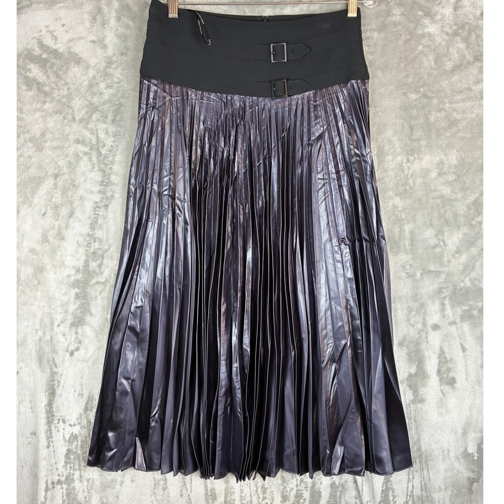 Karen Millen The Atelier Metallic Pleated Midi Skirt Buckle Waist Gunmetal US 8
